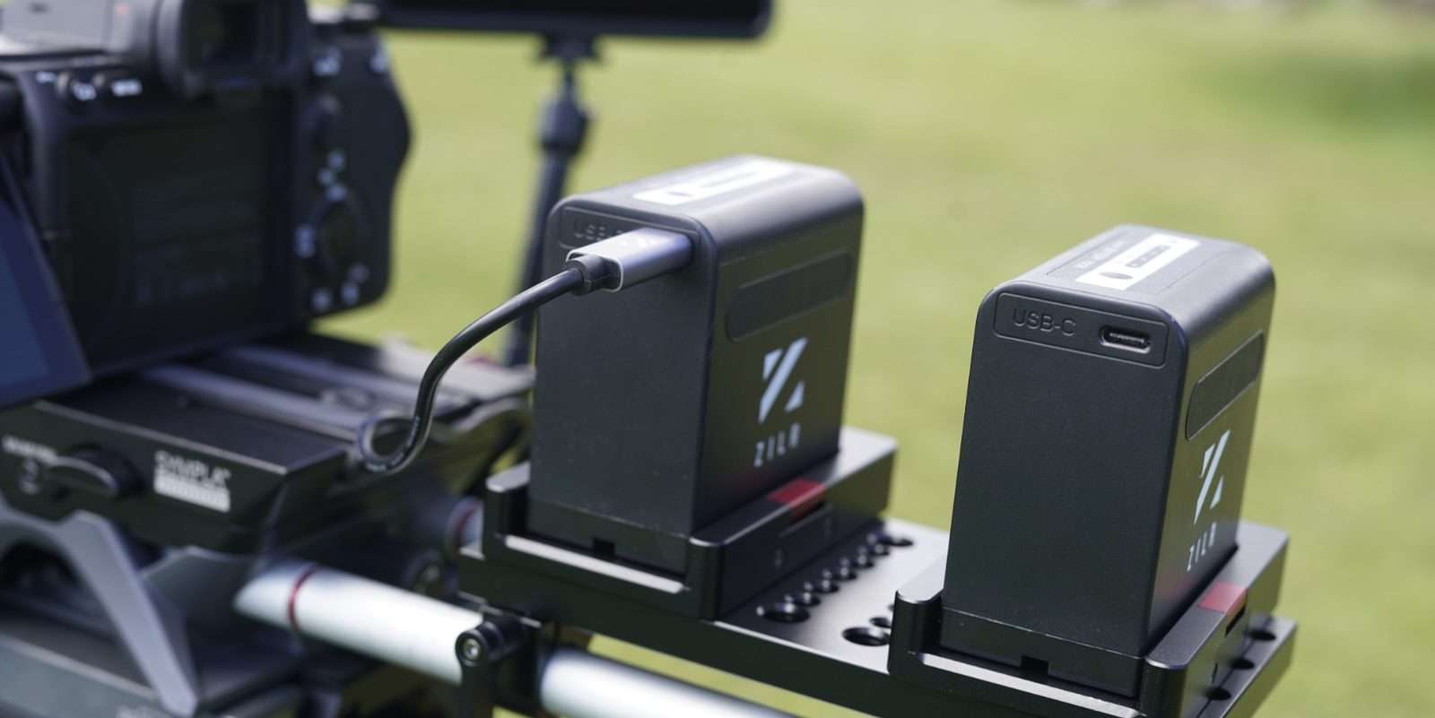 ZILR USB-C PD battery adapter stack — NPF BPU V-Lock power solutions for professional broadcast and film production
